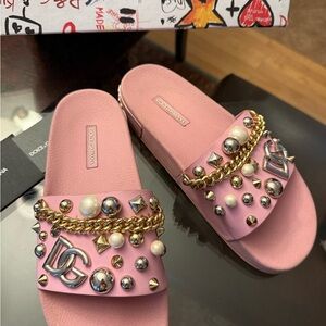 Dolce & Gabbana Statement Pink Studded Pearl & Chain Slide Sandals